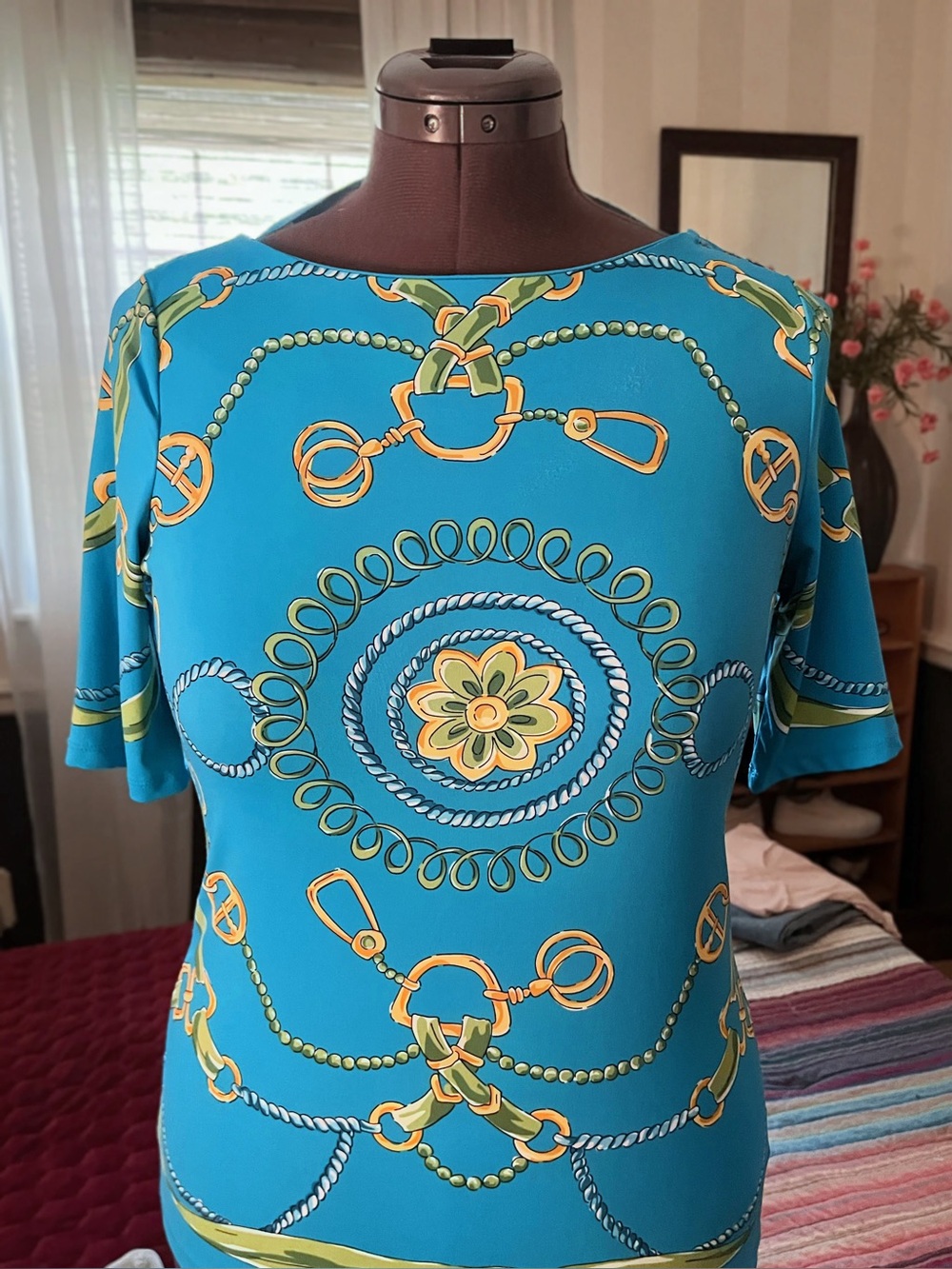 Charter Club Teal Chain-Print Short Sleeve Top